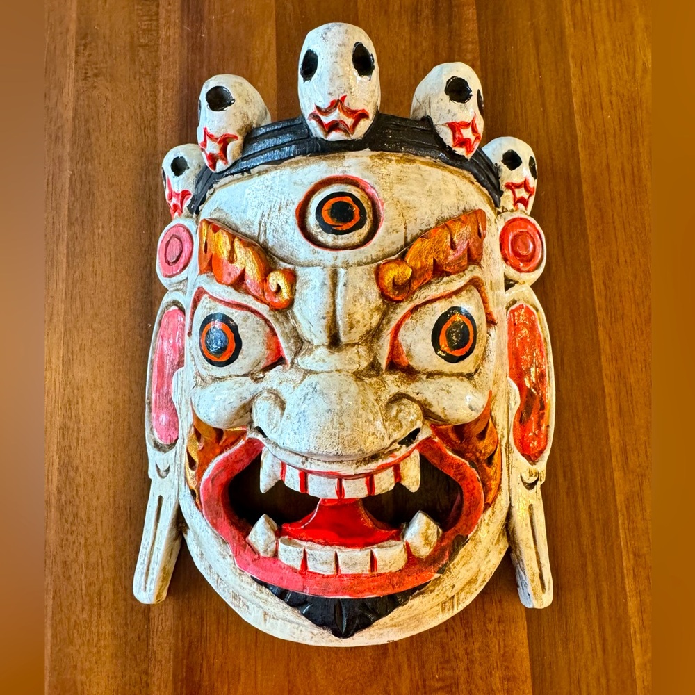 Artisan Nepal Wood Bhairav Mask Wall Hanging- White